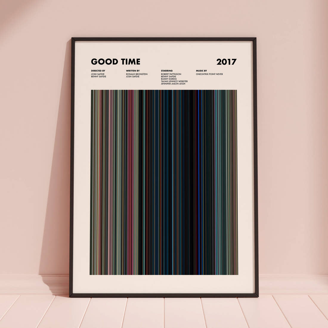 Good Time Movie Barcode Poster framed and leaning against a coloured wall