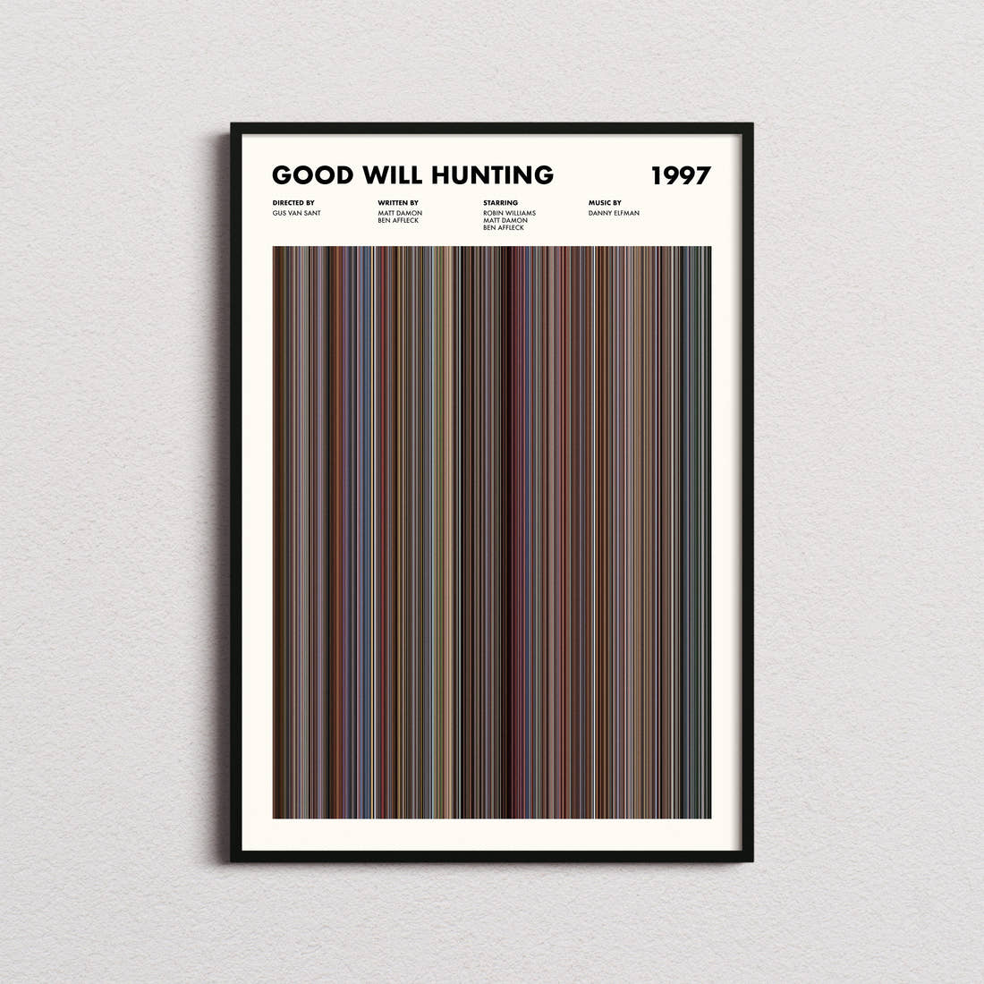 Good Will Hunting Movie Barcode Poster framed on a plain studio wall