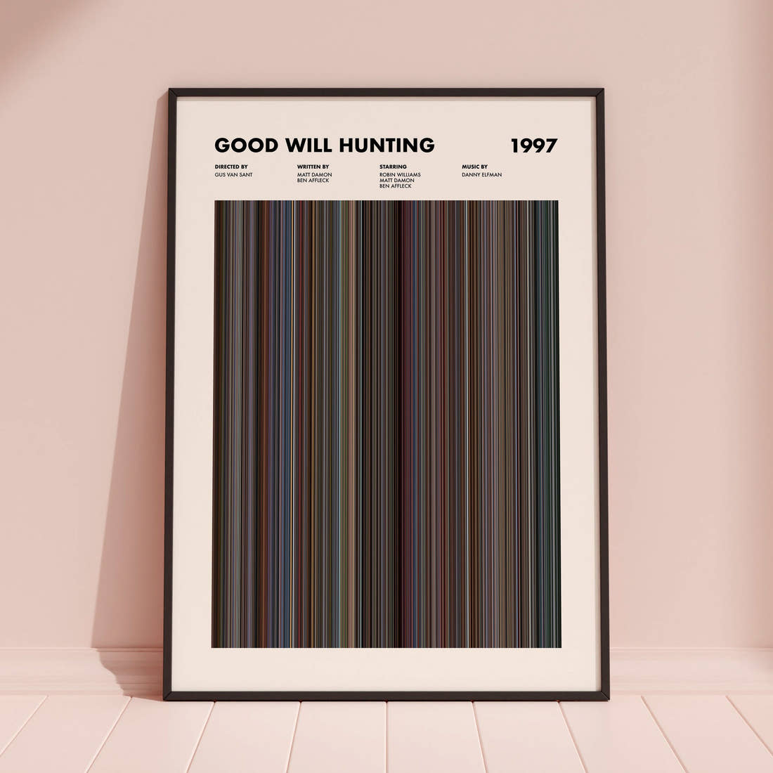 Good Will Hunting Movie Barcode Poster framed and leaning against a coloured wall