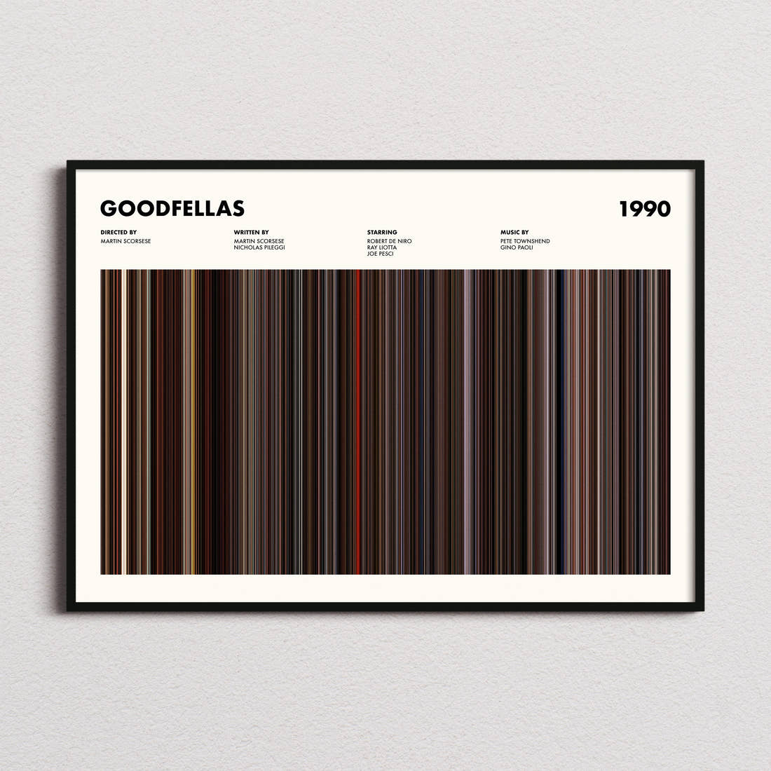 Goodfellas Movie Barcode Poster framed and photographed straight on