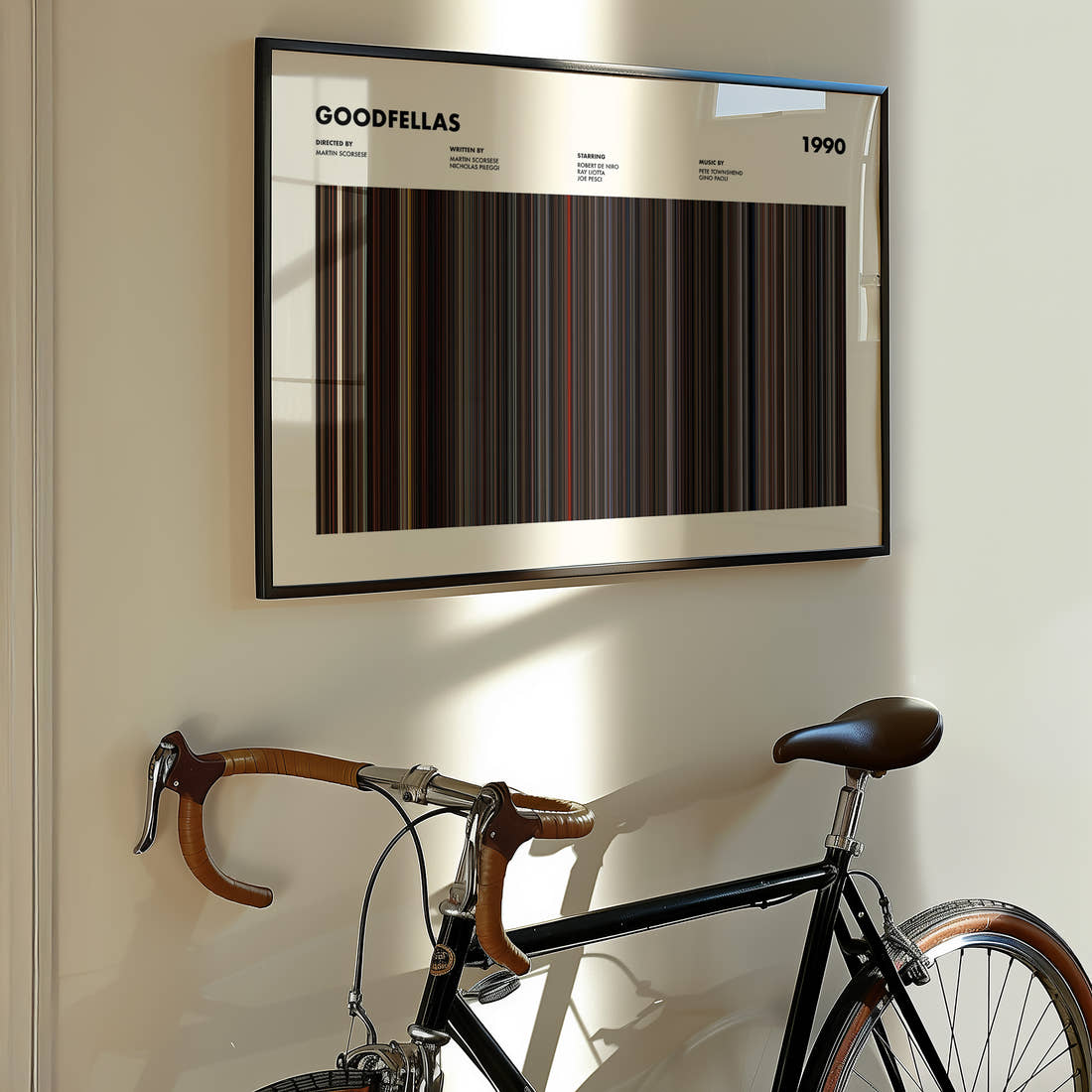 Goodfellas Movie Barcode Poster framed on the wall of a styled room setting
