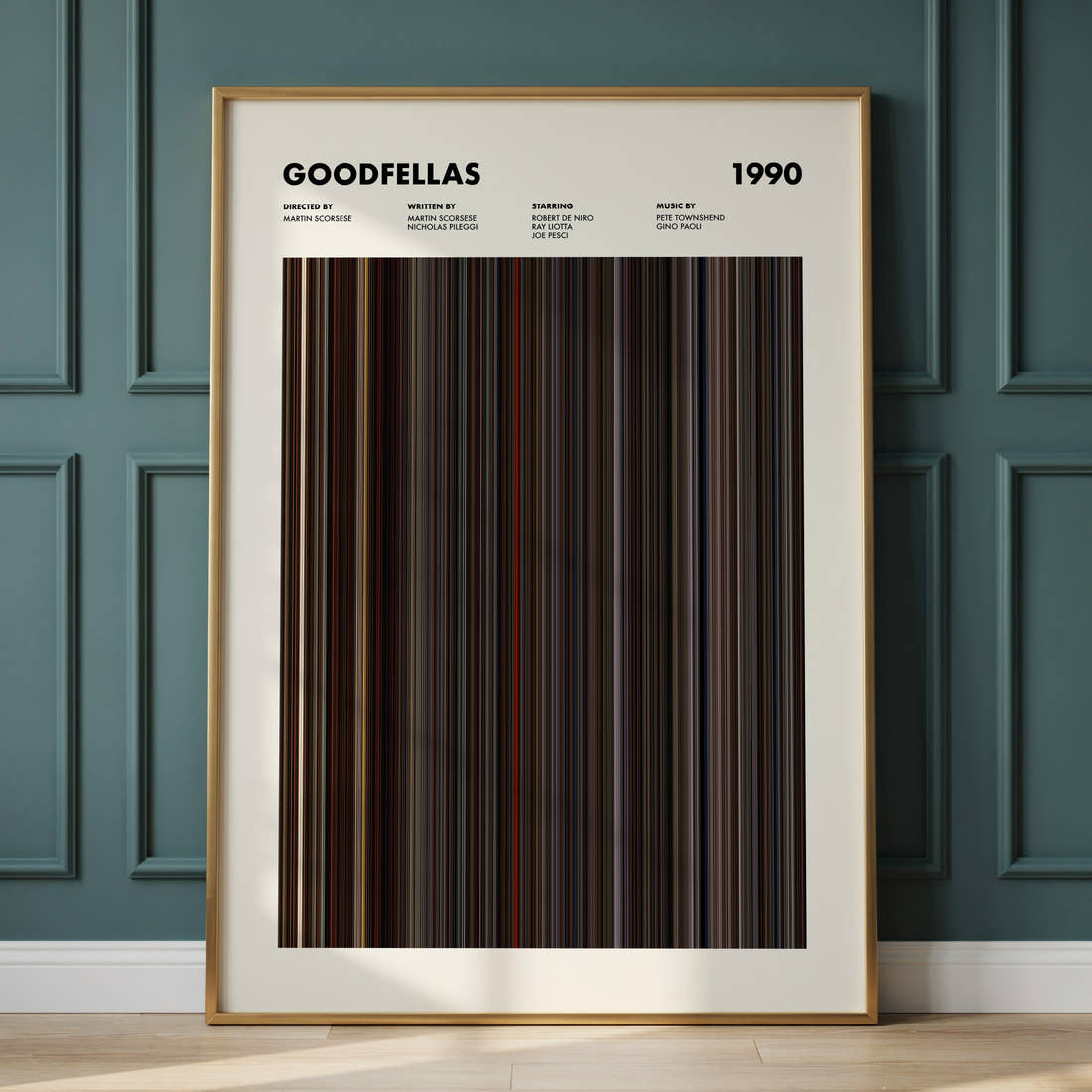Goodfellas Movie Barcode Poster framed and leaning against a panelled wall