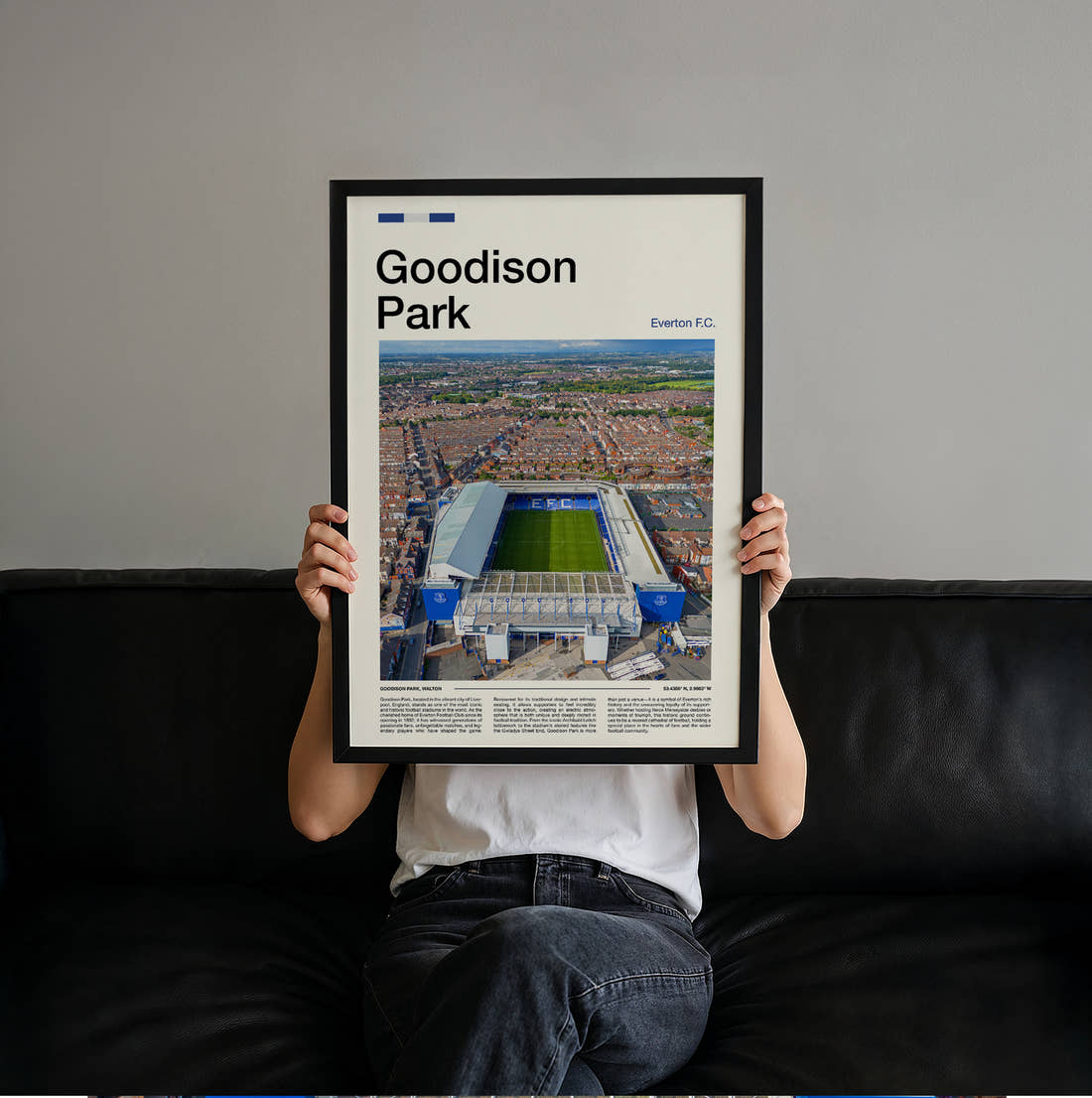 Goodison Park Stadium Print held up by hand to show the size of the print