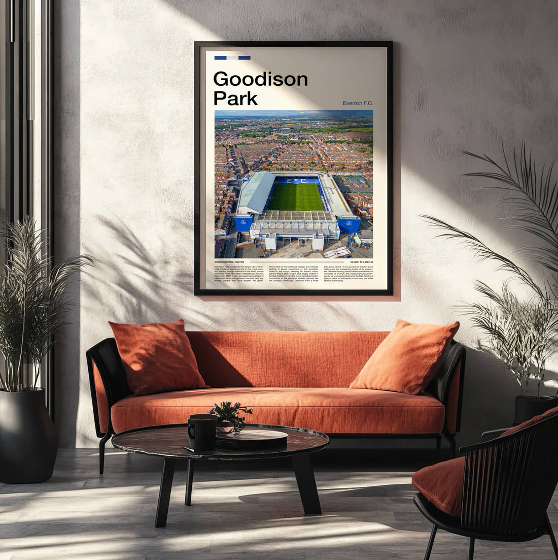 Goodison Park Stadium Print framed on the wall of a modern living room