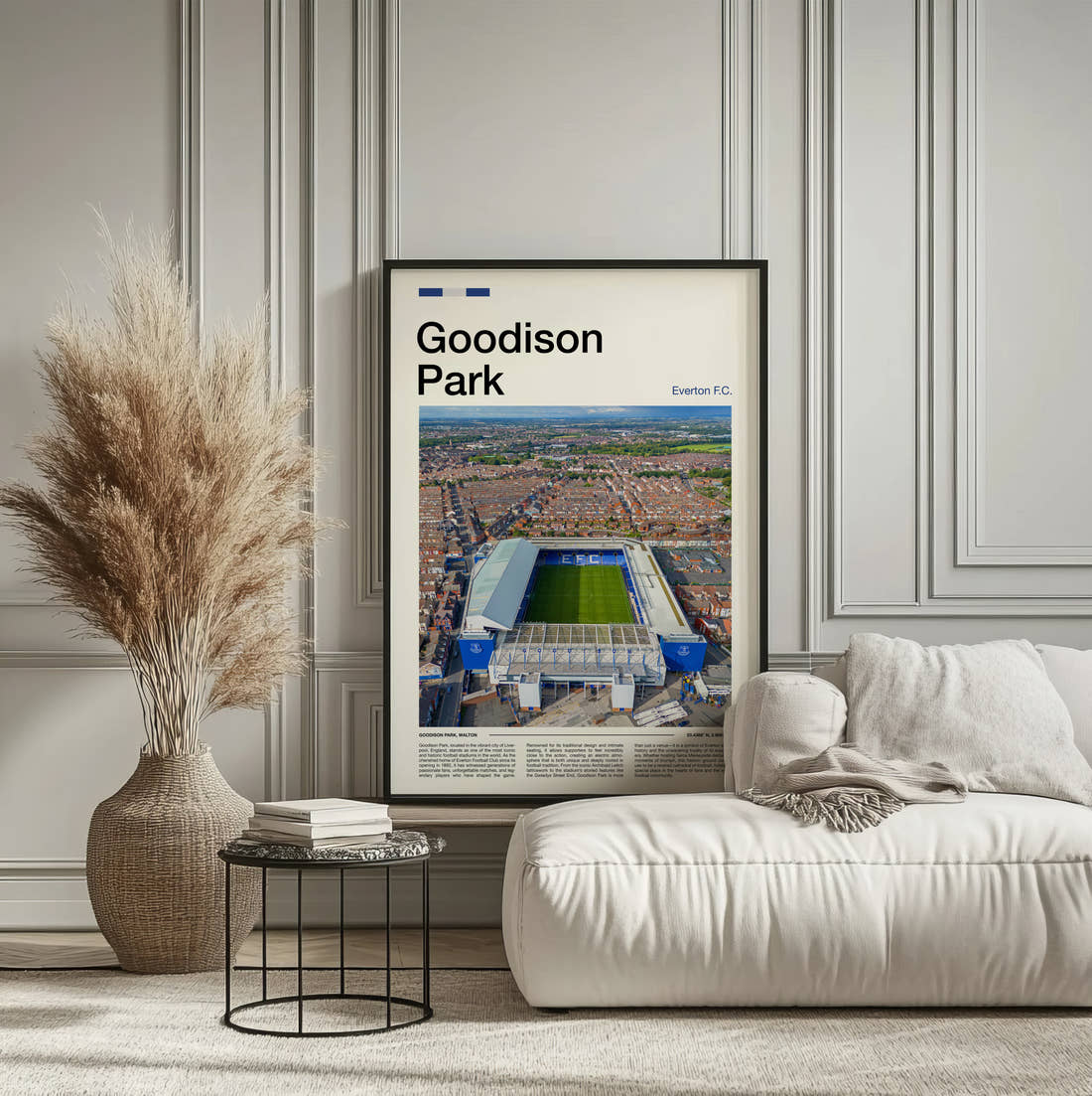 Goodison Park Stadium Print framed on the wall of a calm, neutral bedroom