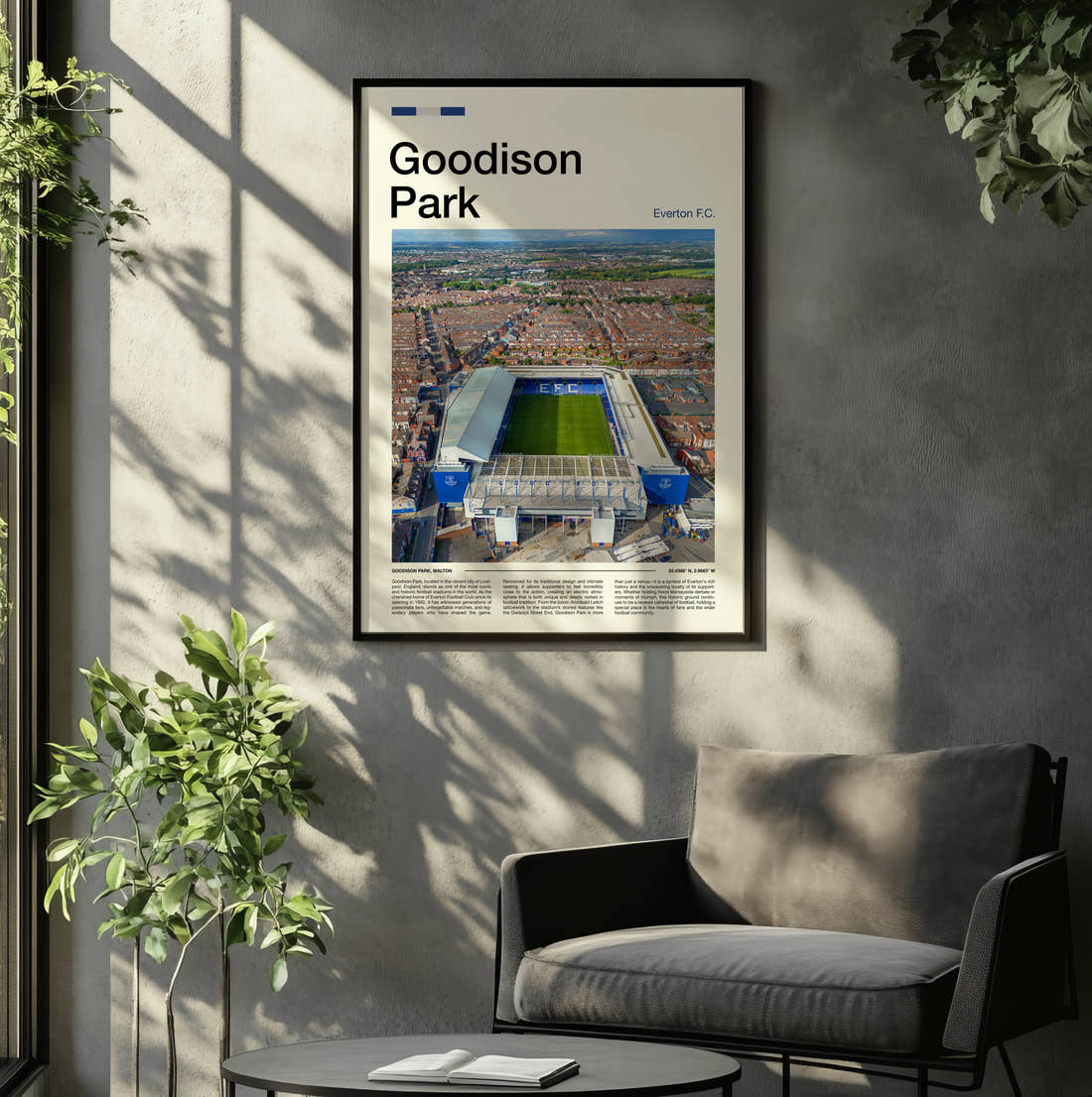 Goodison Park Stadium Print framed on the wall of a relaxed living room