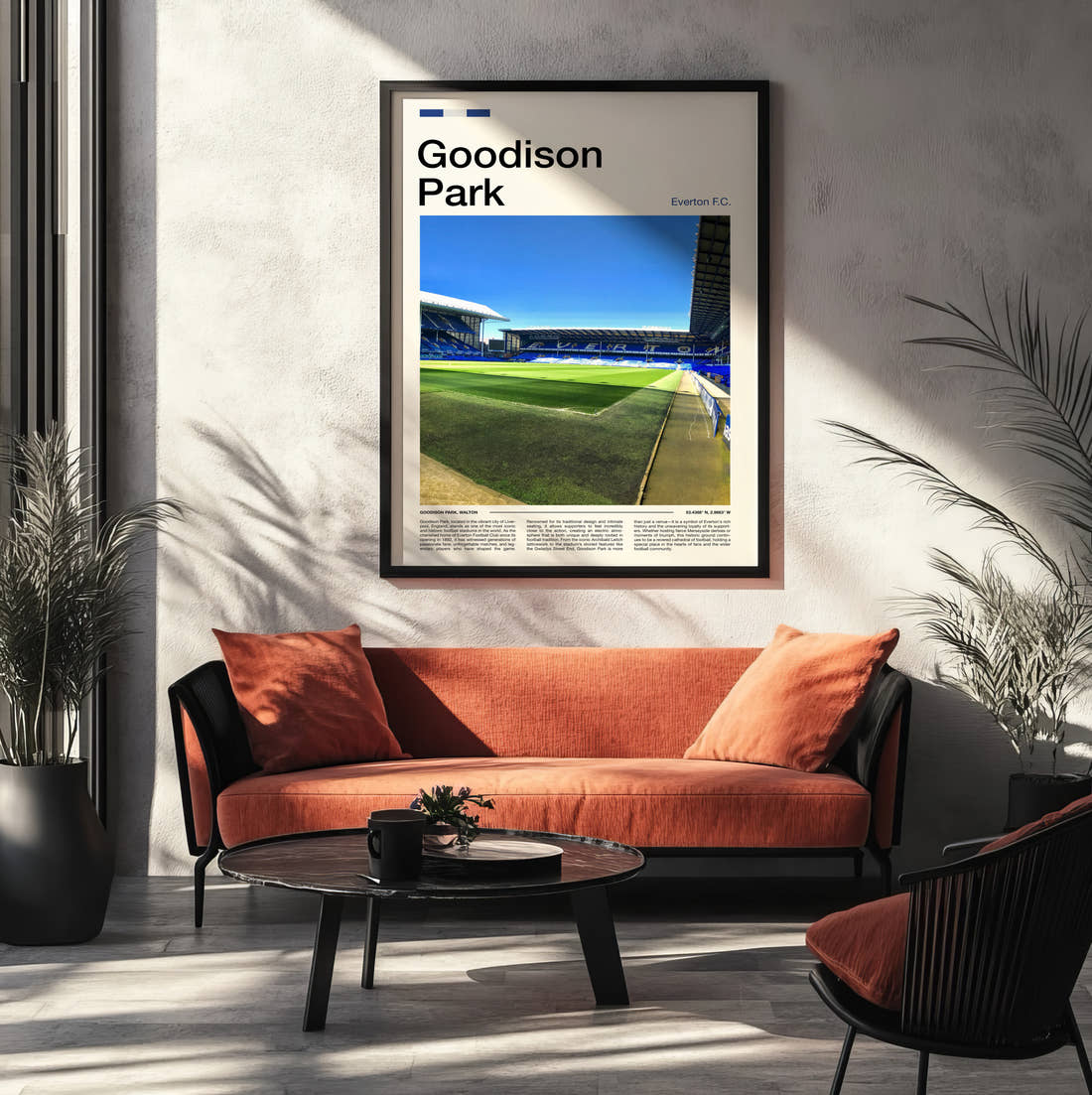 Goodison Park Stadium Print framed on the wall of a modern living room