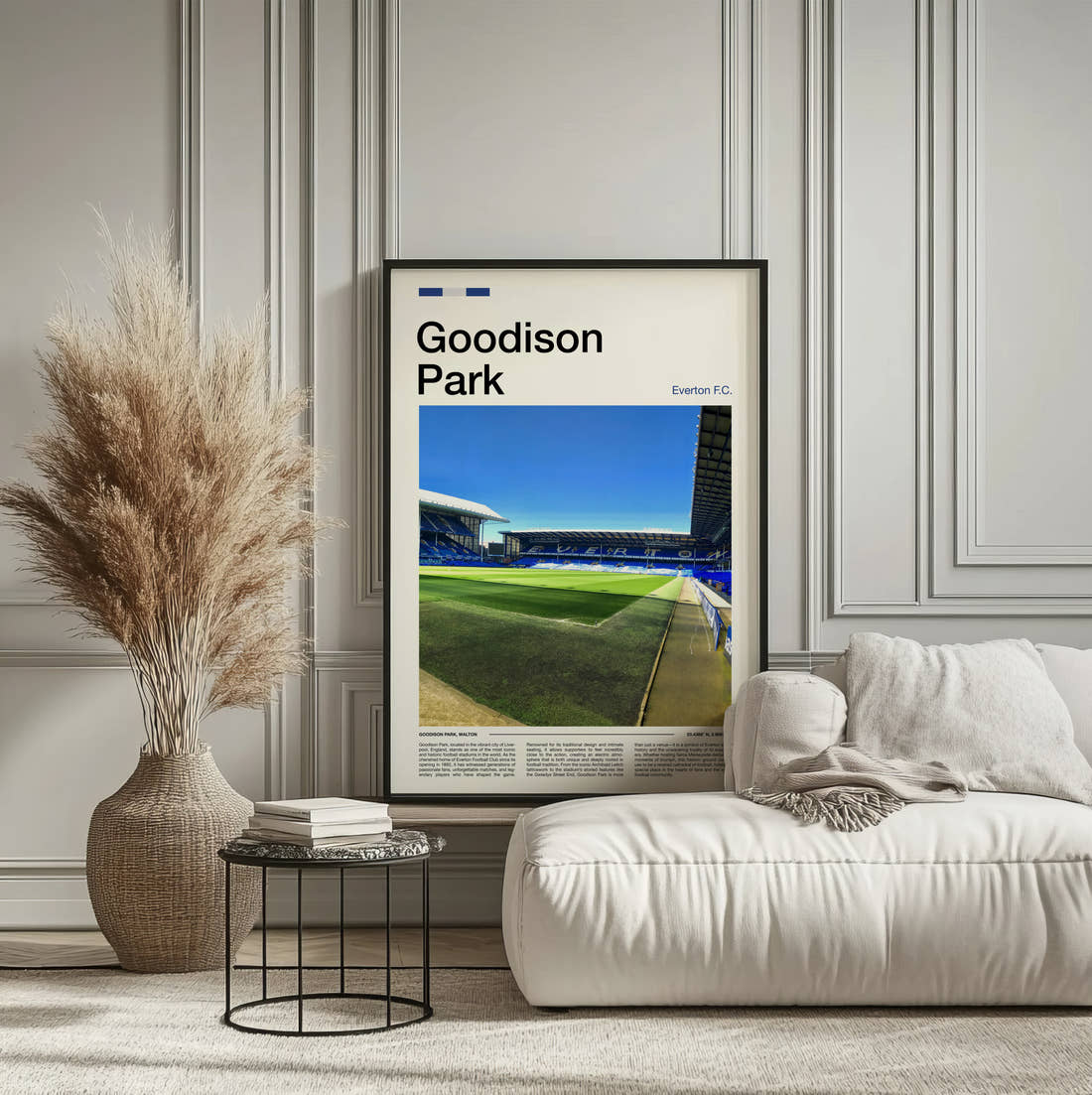 Goodison Park Stadium Print framed on the wall of a calm, neutral bedroom
