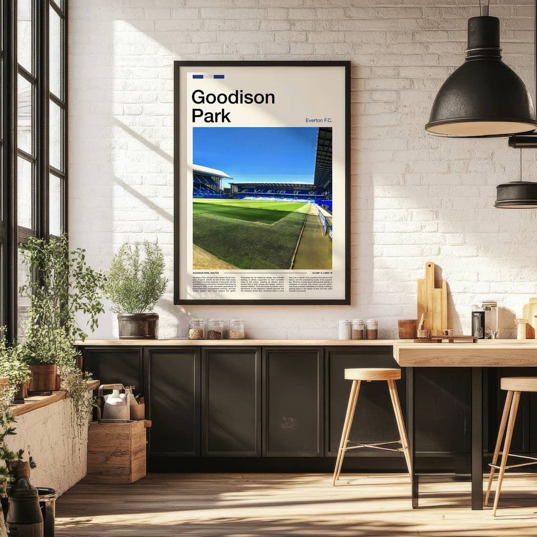 Goodison Park Stadium Print framed on the wall of a bright kitchen and dining space