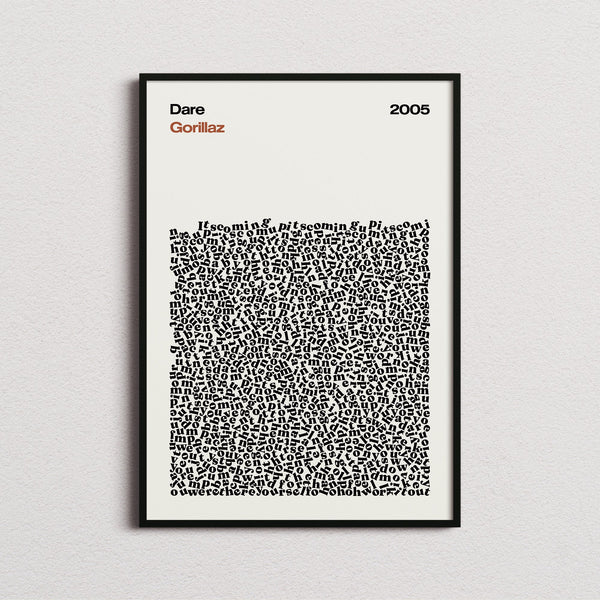 Gorillaz Dare Lyric Print in the cream colourway, framed
