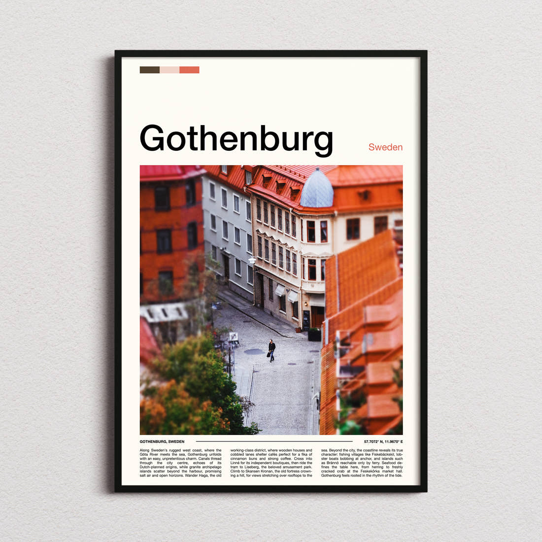 Gothenburg Cobbled Street Aerial Travel Print framed and photographed straight on