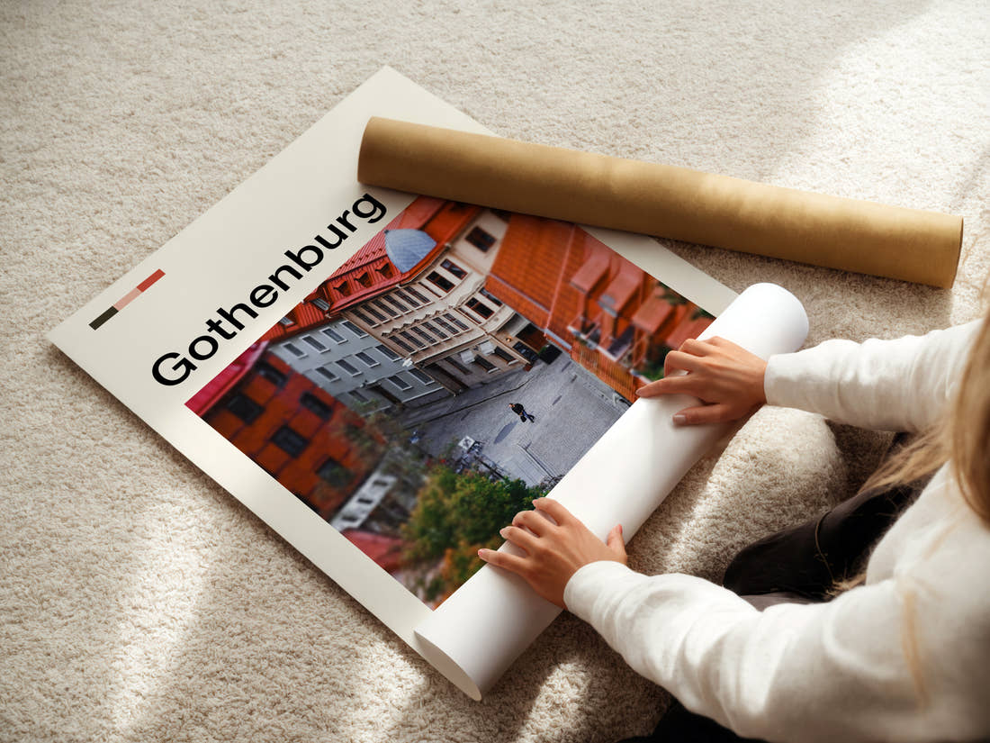 Gothenburg Cobbled Street Aerial Travel Print being unrolled from its postal tube