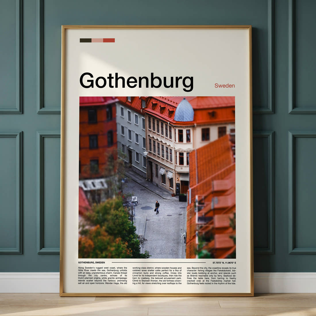 Gothenburg Cobbled Street Aerial Travel Print framed on the wall of a calm, neutral bedroom
