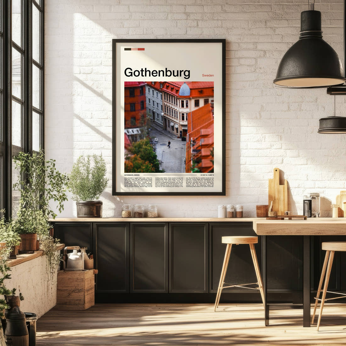 Gothenburg Cobbled Street Aerial Travel Print framed on the wall of a bright kitchen and dining space