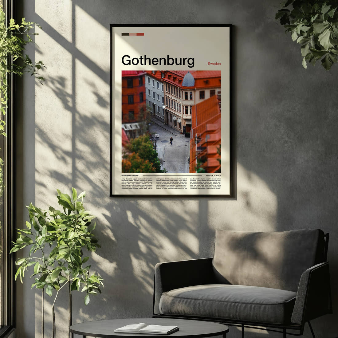 Gothenburg Cobbled Street Aerial Travel Print framed on the wall of a relaxed living room
