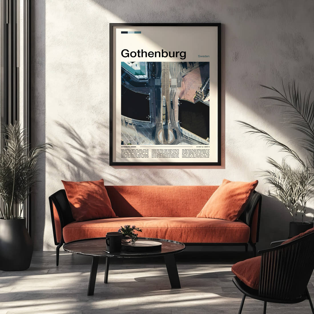 Gothenburg Aerial Bridge Crossing Travel Print framed on the wall of a modern living room