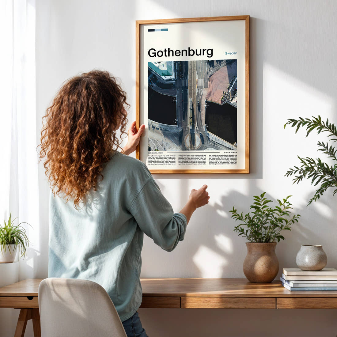Gothenburg Aerial Bridge Crossing Travel Print framed on a pale wall beside houseplants