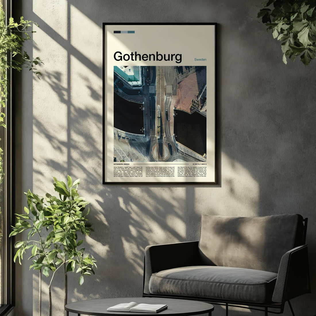 Gothenburg Aerial Bridge Crossing Travel Print framed on the wall of a relaxed living room