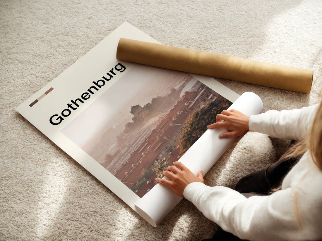Gothenburg Hazy Rooftop View Travel Print being unrolled from its postal tube