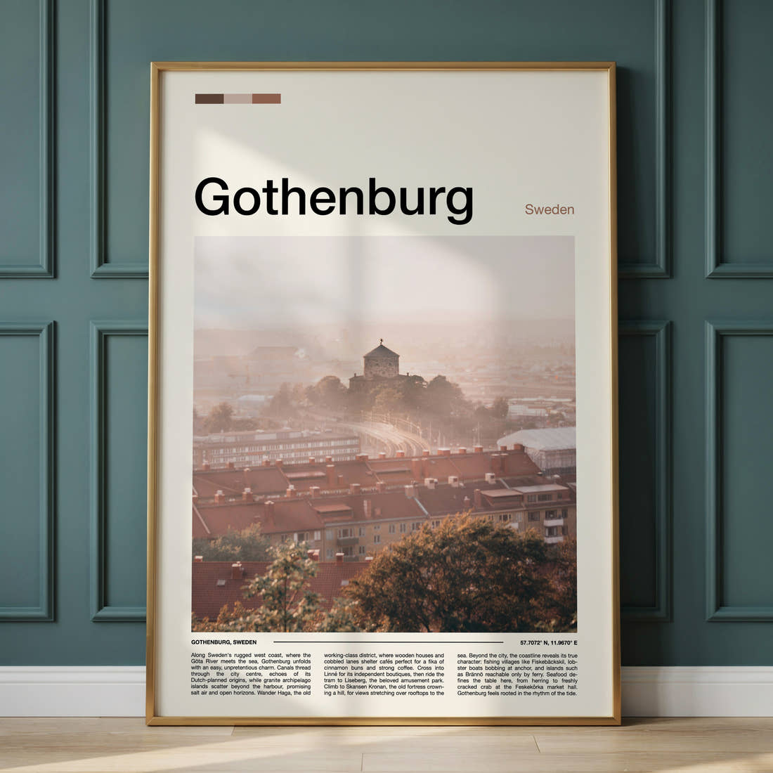 Gothenburg Hazy Rooftop View Travel Print framed on the wall of a calm, neutral bedroom