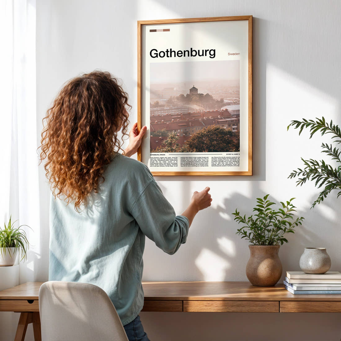 Gothenburg Hazy Rooftop View Travel Print framed on a pale wall beside houseplants