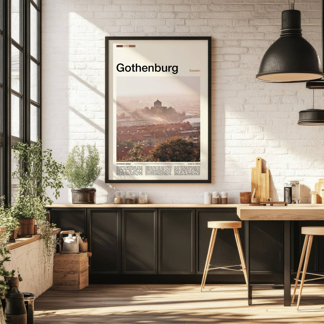 Gothenburg Hazy Rooftop View Travel Print framed on the wall of a bright kitchen and dining space