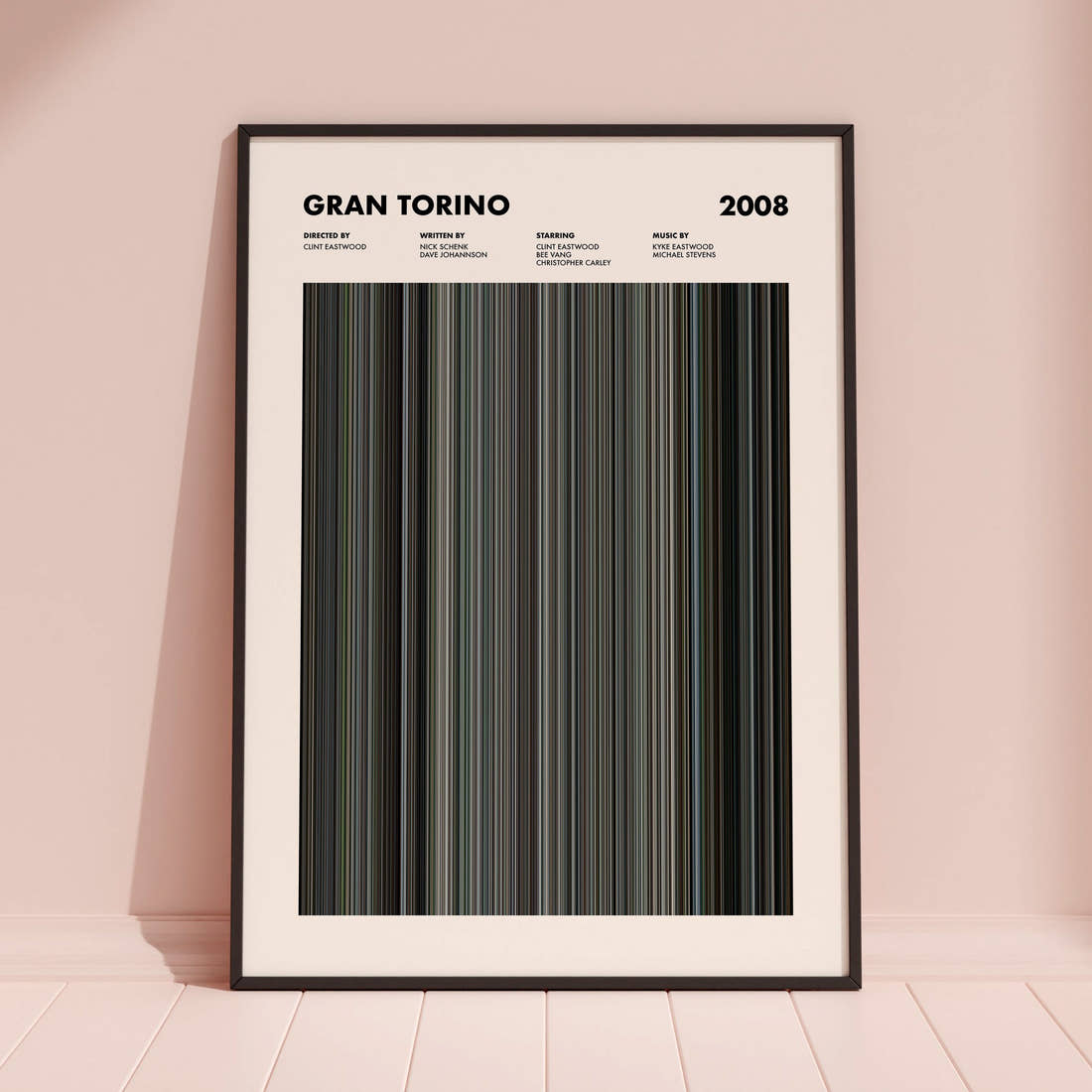 Gran Torino Movie Barcode Poster framed and leaning against a coloured wall