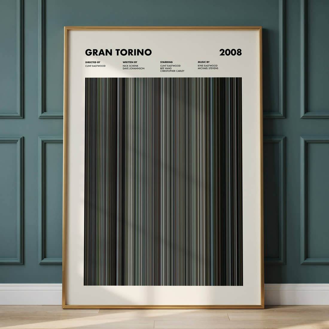 Gran Torino Movie Barcode Poster framed and leaning against a panelled wall
