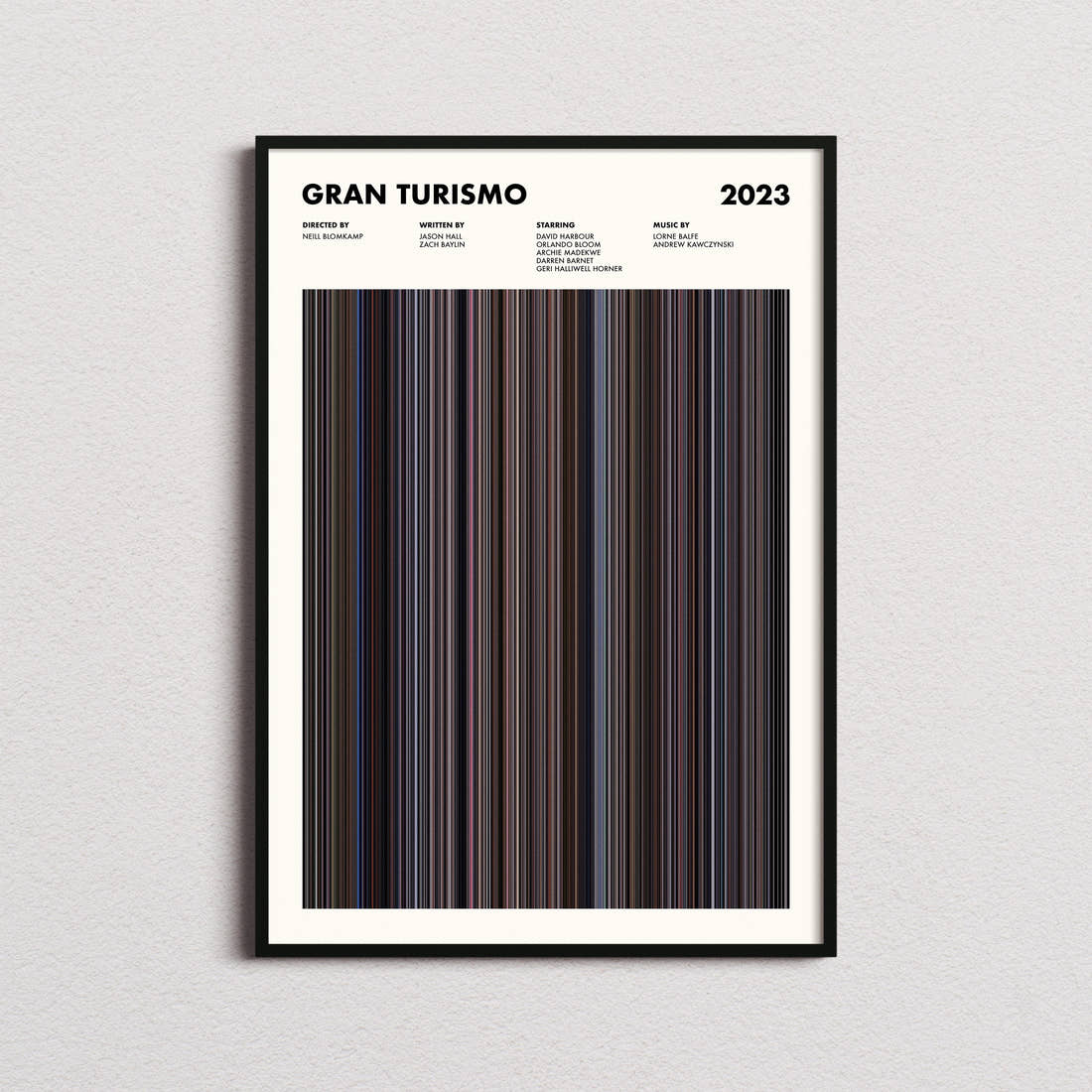 Gran Turismo Movie Barcode Poster framed on a plain studio wall