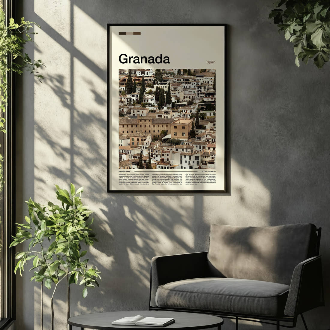 Granada Whitewashed Albaicín Houses Travel Print framed on the wall of a relaxed living room