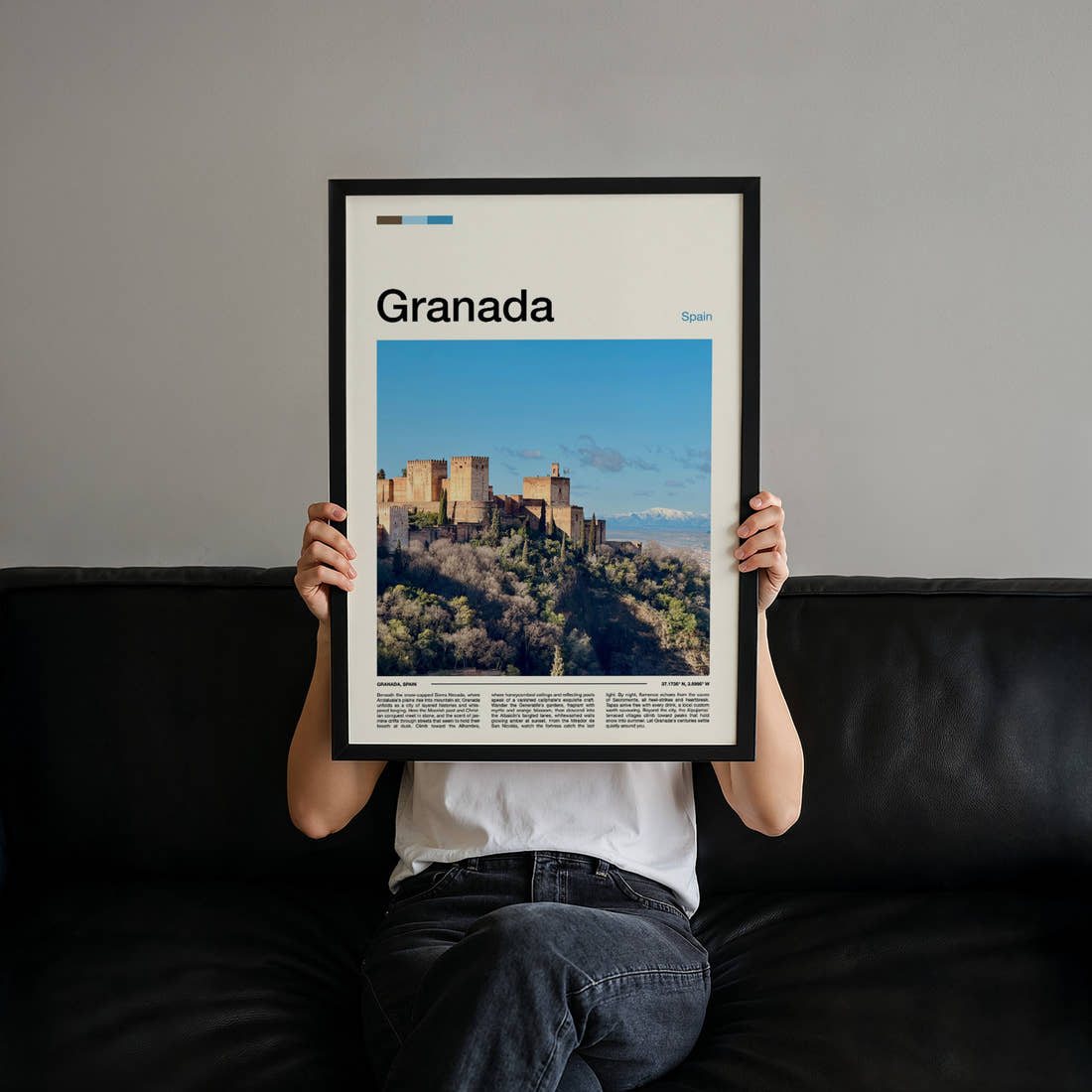 Granada Alhambra Fortress View Travel Print held up by hand to show the size of the print