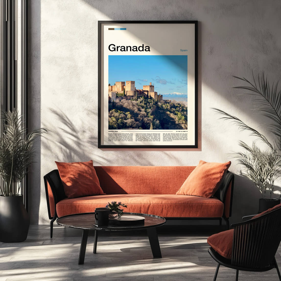 Granada Alhambra Fortress View Travel Print framed on the wall of a modern living room