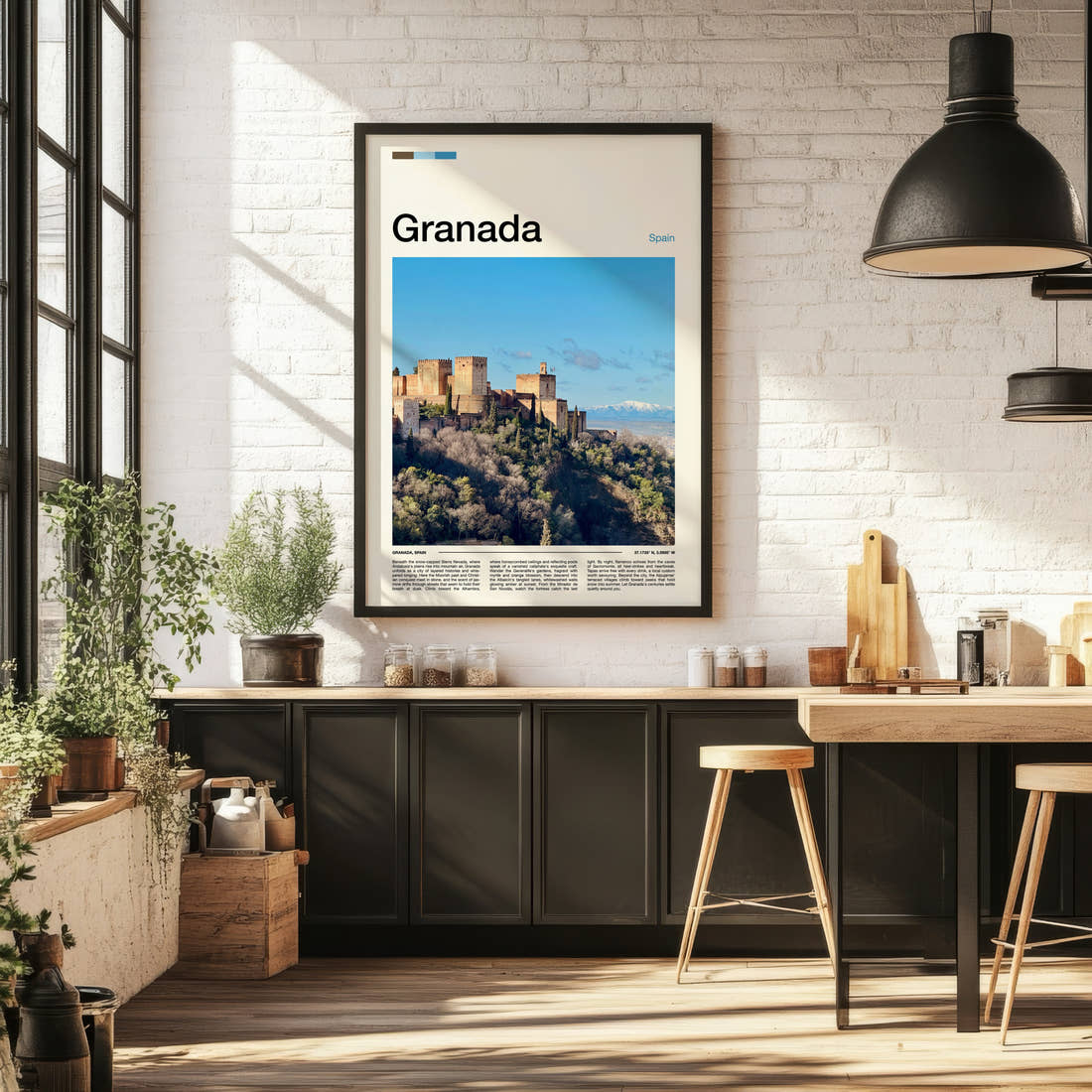 Granada Alhambra Fortress View Travel Print framed on the wall of a bright kitchen and dining space