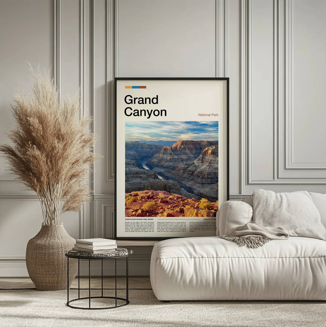 Grand Canyon Canyon And River Travel Print framed on the wall of a calm, neutral bedroom