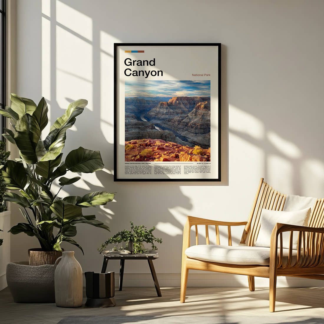 Grand Canyon Canyon And River Travel Print framed on a pale wall beside houseplants