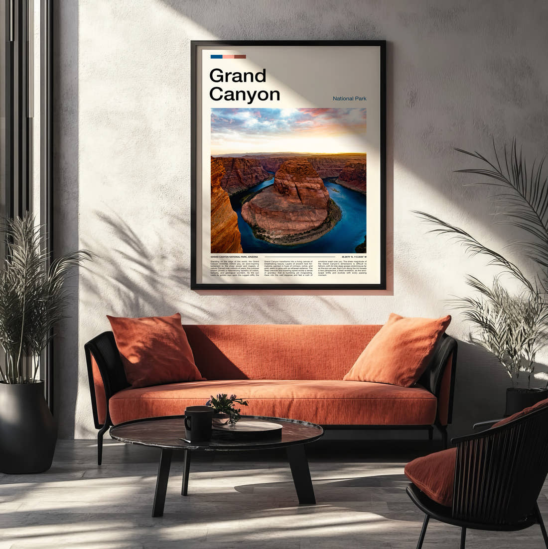 Grand Canyon Horseshoe Bend Travel Print framed on the wall of a modern living room