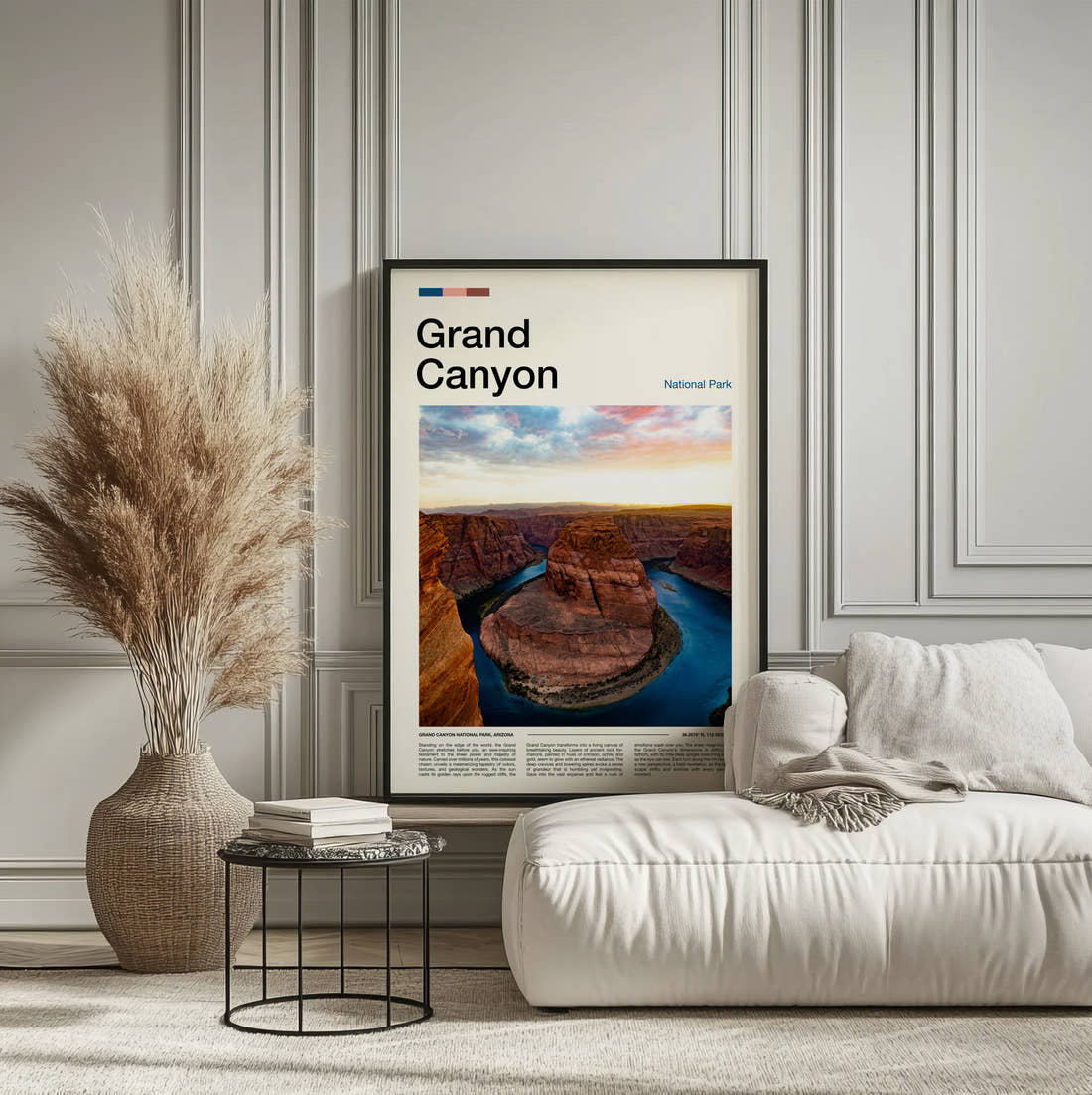 Grand Canyon Horseshoe Bend Travel Print framed on the wall of a calm, neutral bedroom