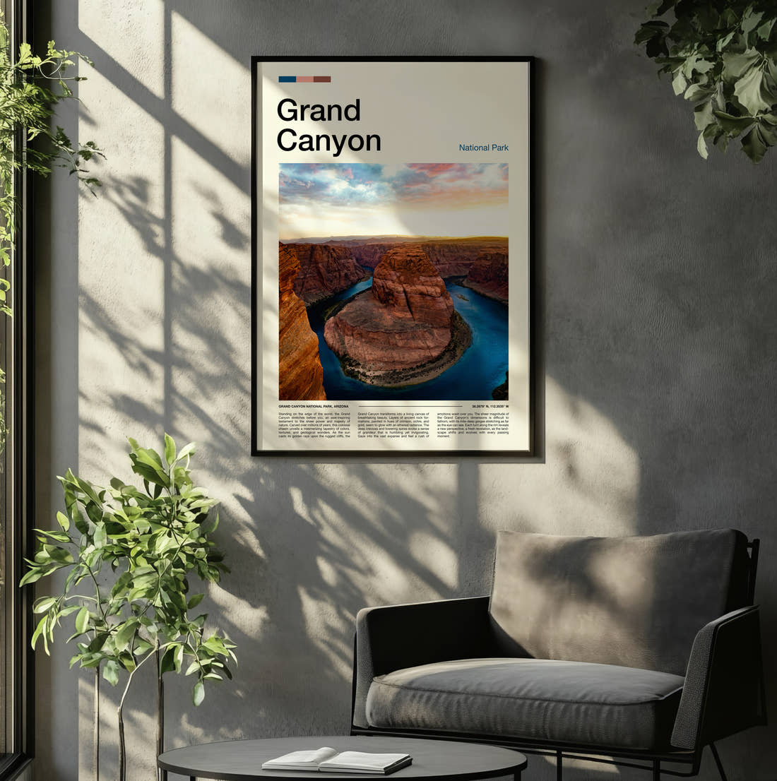 Grand Canyon Horseshoe Bend Travel Print framed on the wall of a relaxed living room