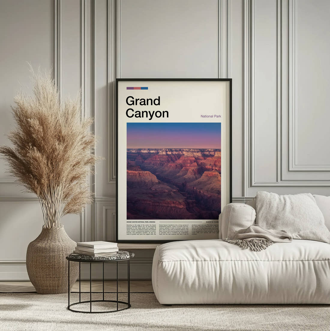 Grand Canyon Canyon At Sunset Travel Print framed on the wall of a calm, neutral bedroom