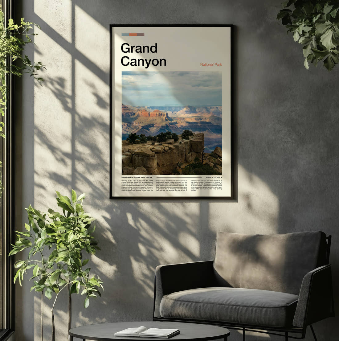 Grand Canyon Canyon Overlook Travel Print framed on the wall of a relaxed living room