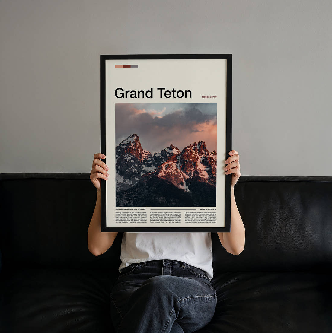 Grand Teton Jagged Snowy Peaks Travel Print held up by hand to show the size of the print