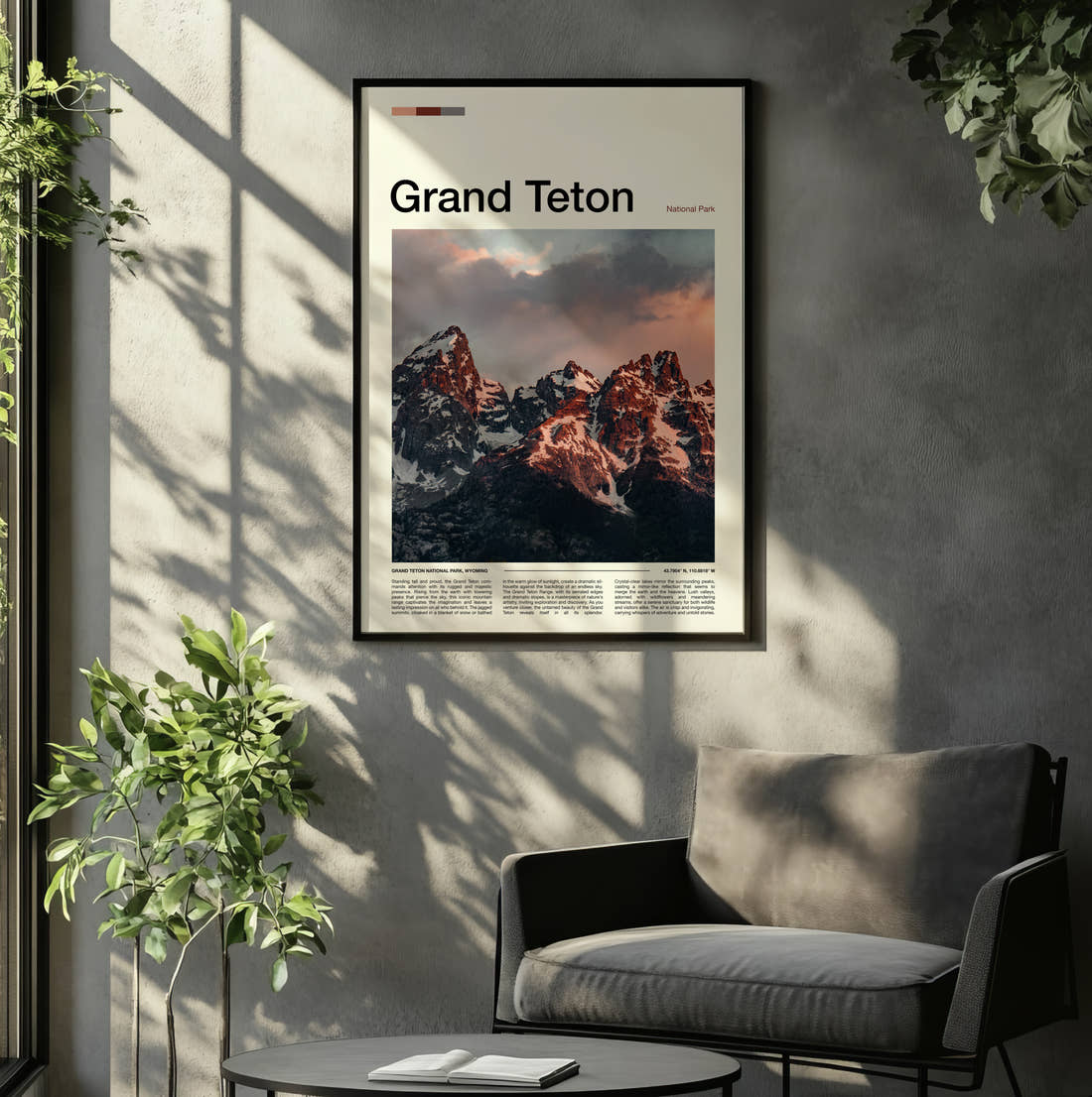 Grand Teton Jagged Snowy Peaks Travel Print framed on the wall of a relaxed living room