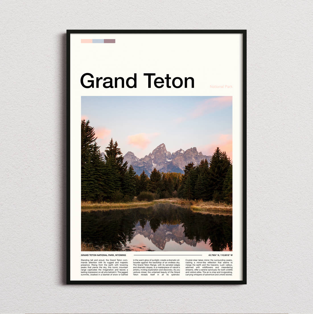 Grand Teton Pines Reflected In The Lake Travel Print framed and photographed straight on