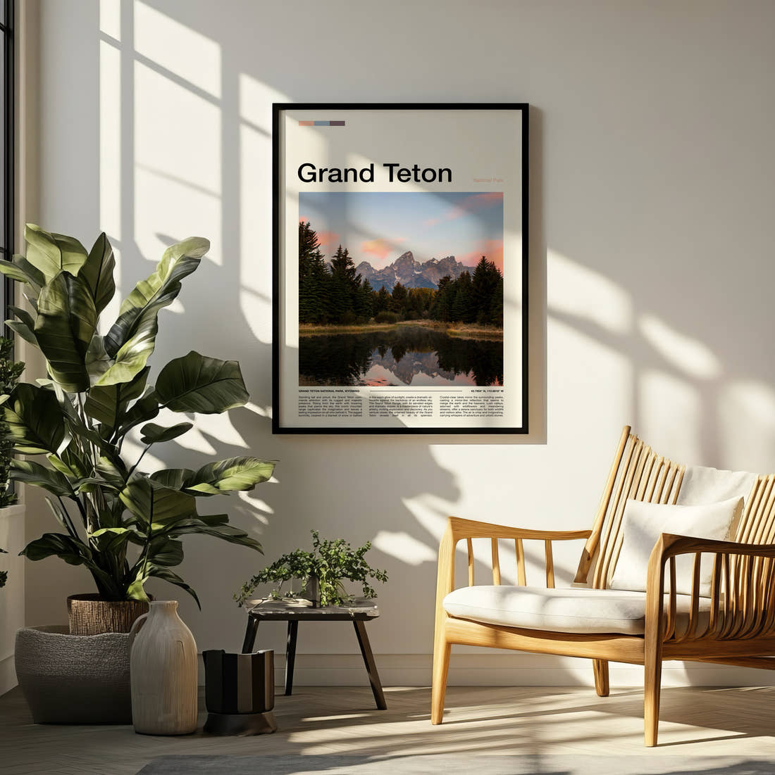 Grand Teton Pines Reflected In The Lake Travel Print framed on a pale wall beside houseplants