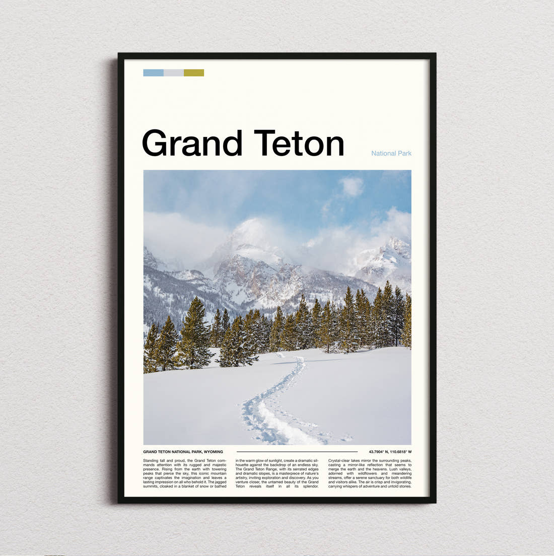 Grand Teton Snowy Trail And Peaks Travel Print framed and photographed straight on