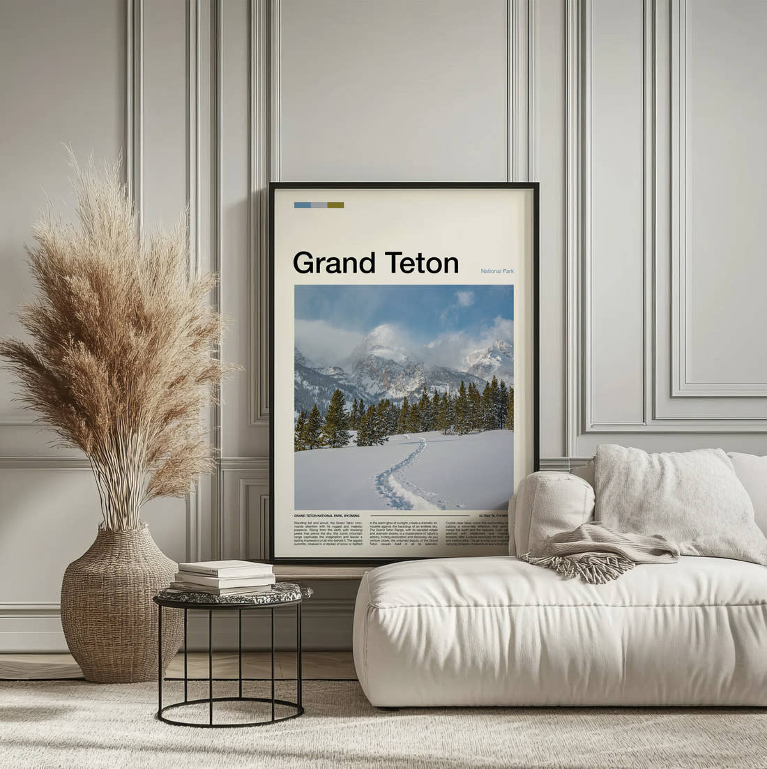Grand Teton Snowy Trail And Peaks Travel Print framed on the wall of a calm, neutral bedroom