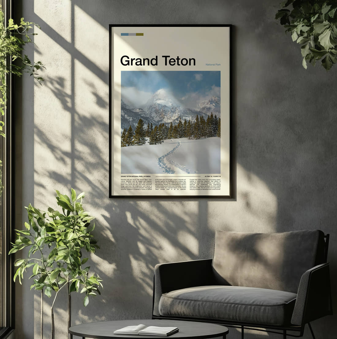 Grand Teton Snowy Trail And Peaks Travel Print framed on the wall of a relaxed living room