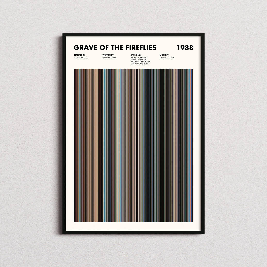 Grave Of The Fireflies Movie Barcode Poster framed on a plain studio wall