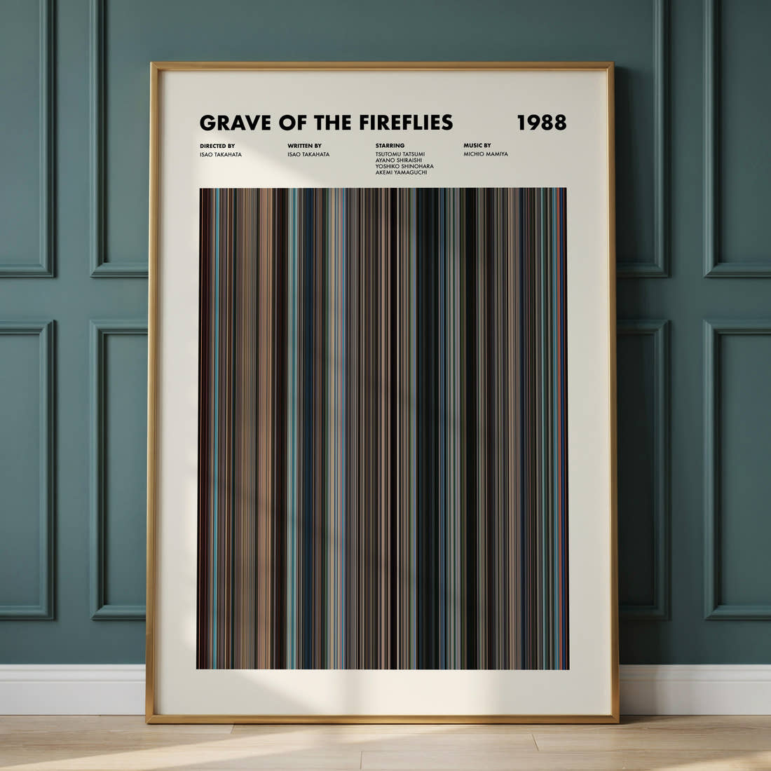 Grave Of The Fireflies Movie Barcode Poster framed and leaning against a panelled wall