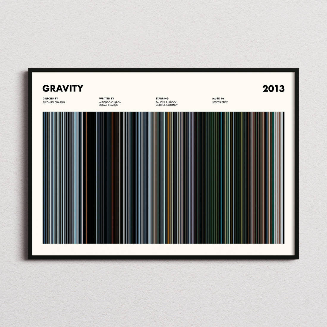 Gravity Movie Barcode Poster framed and photographed straight on